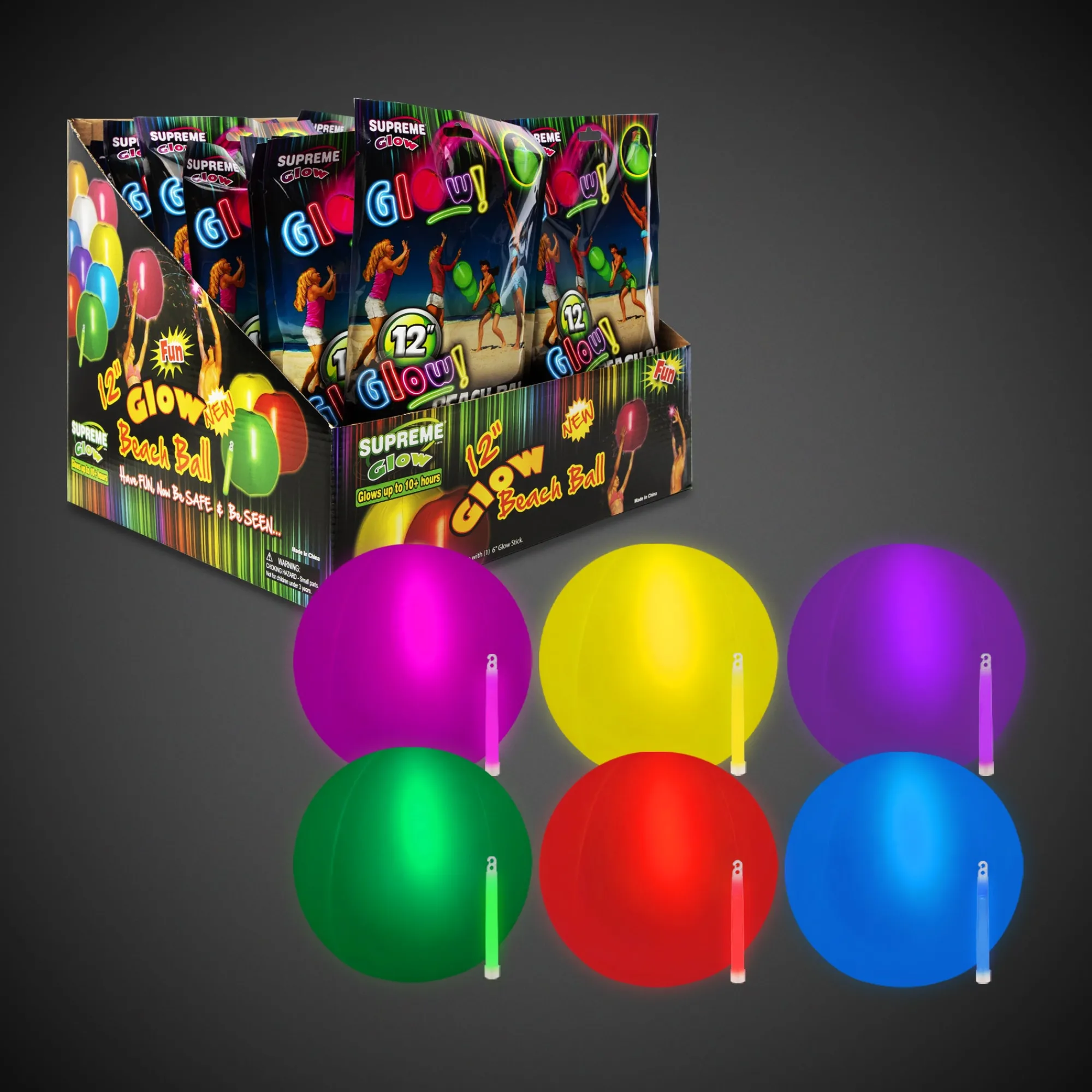 New Windy City Novelties Assorted Glow-in-the-Dark 12" Beach Balls Retail Counter Display