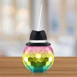 Clearance Windy City Novelties Black Fedora Hat Rainbow Disco Ball Cup with Straw