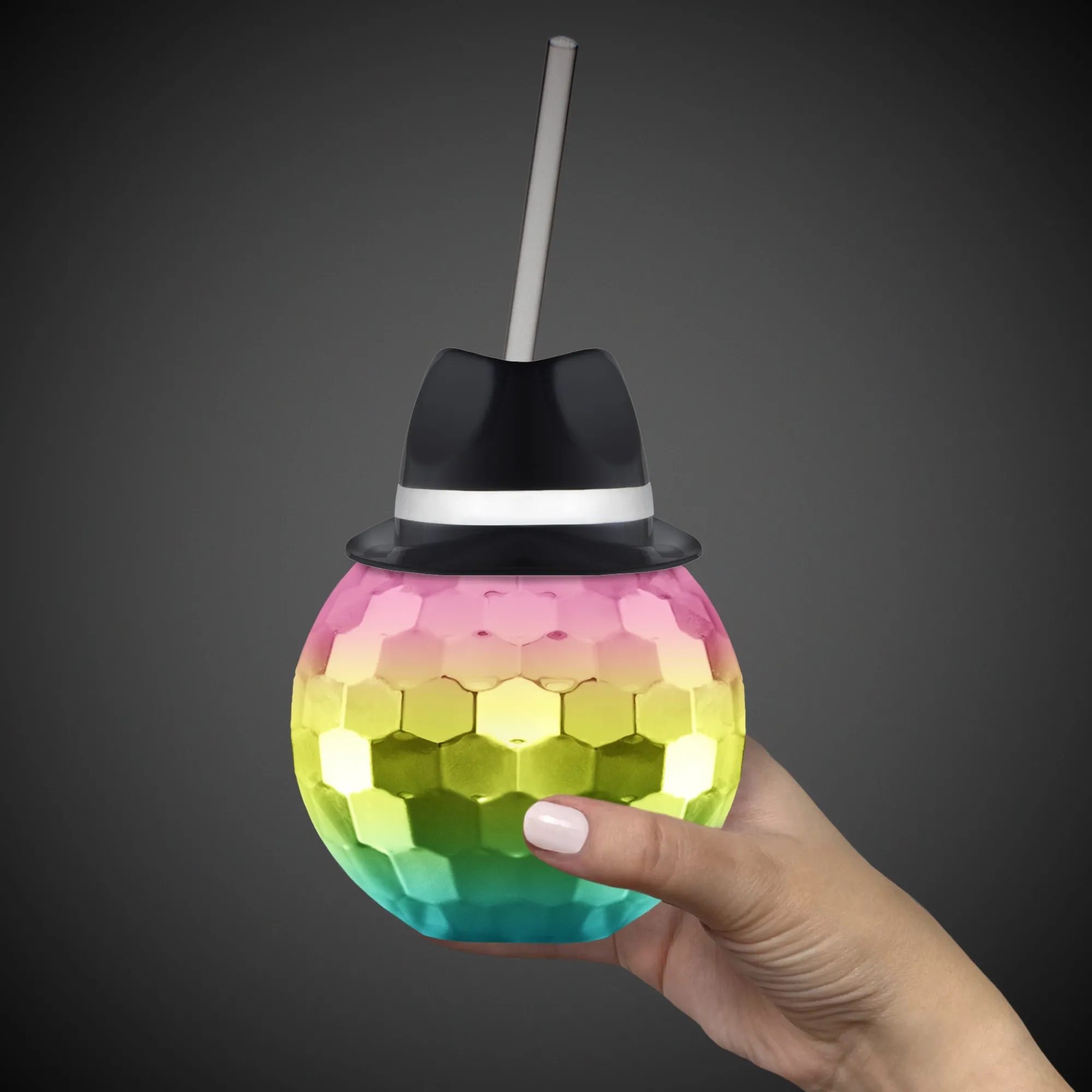 Clearance Windy City Novelties Black Fedora Hat Rainbow Disco Ball Cup with Straw