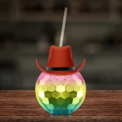 Discount Windy City Novelties Brown Cowboy Hat Rainbow Disco Ball Cup with Straw