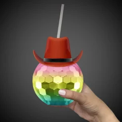 Discount Windy City Novelties Brown Cowboy Hat Rainbow Disco Ball Cup with Straw