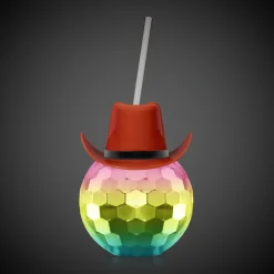 Discount Windy City Novelties Brown Cowboy Hat Rainbow Disco Ball Cup with Straw