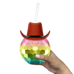 Discount Windy City Novelties Brown Cowboy Hat Rainbow Disco Ball Cup with Straw