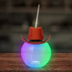 Windy City Novelties LED Brown Cowboy Hat 20 oz. Ball Cup with Straw