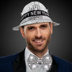 Hot Windy City Novelties LED Happy New Year Silver Fedora