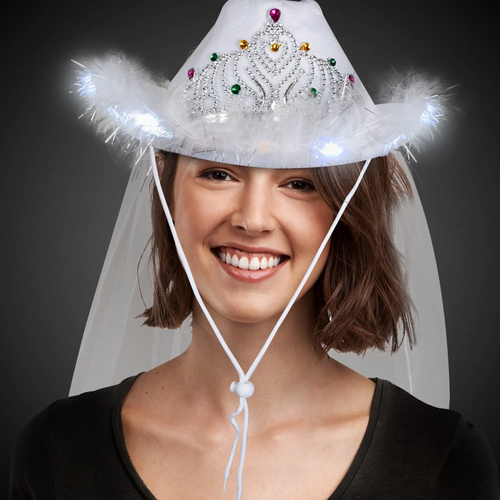 Discount Windy City Novelties LED White Cowboy Hat with Tiara and Veil