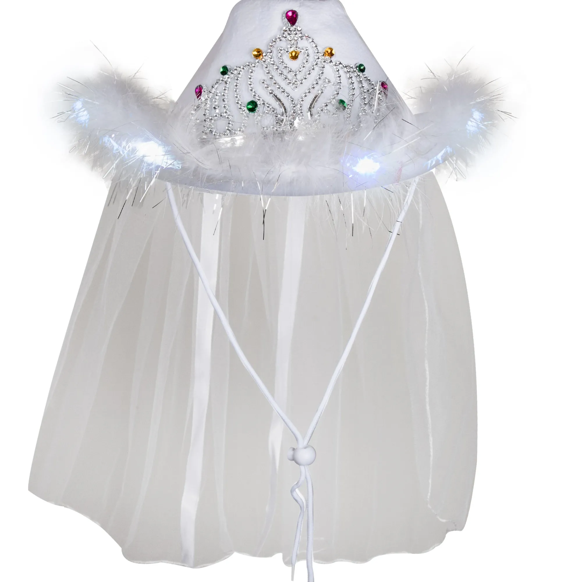 Discount Windy City Novelties LED White Cowboy Hat with Tiara and Veil