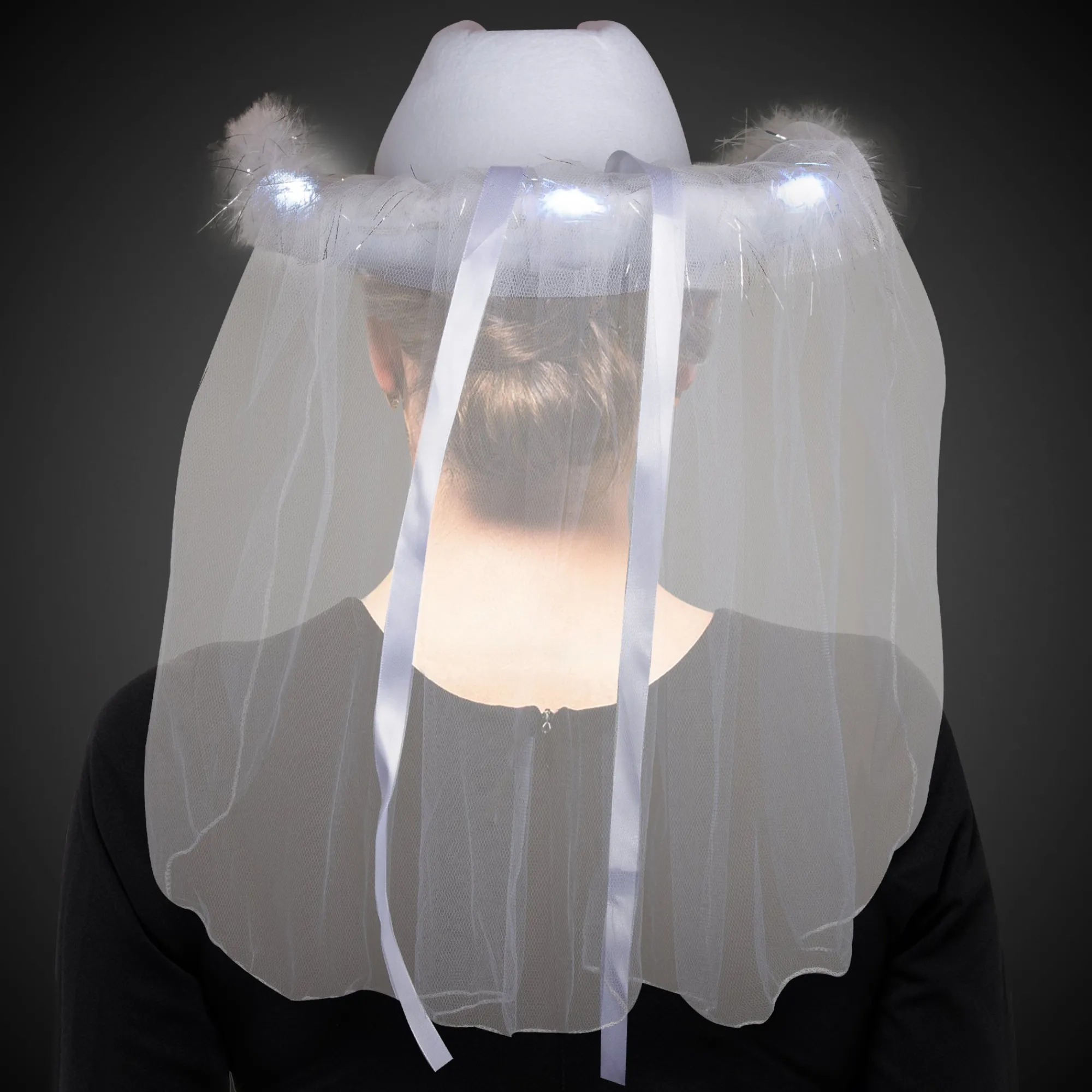 Discount Windy City Novelties LED White Cowboy Hat with Tiara and Veil