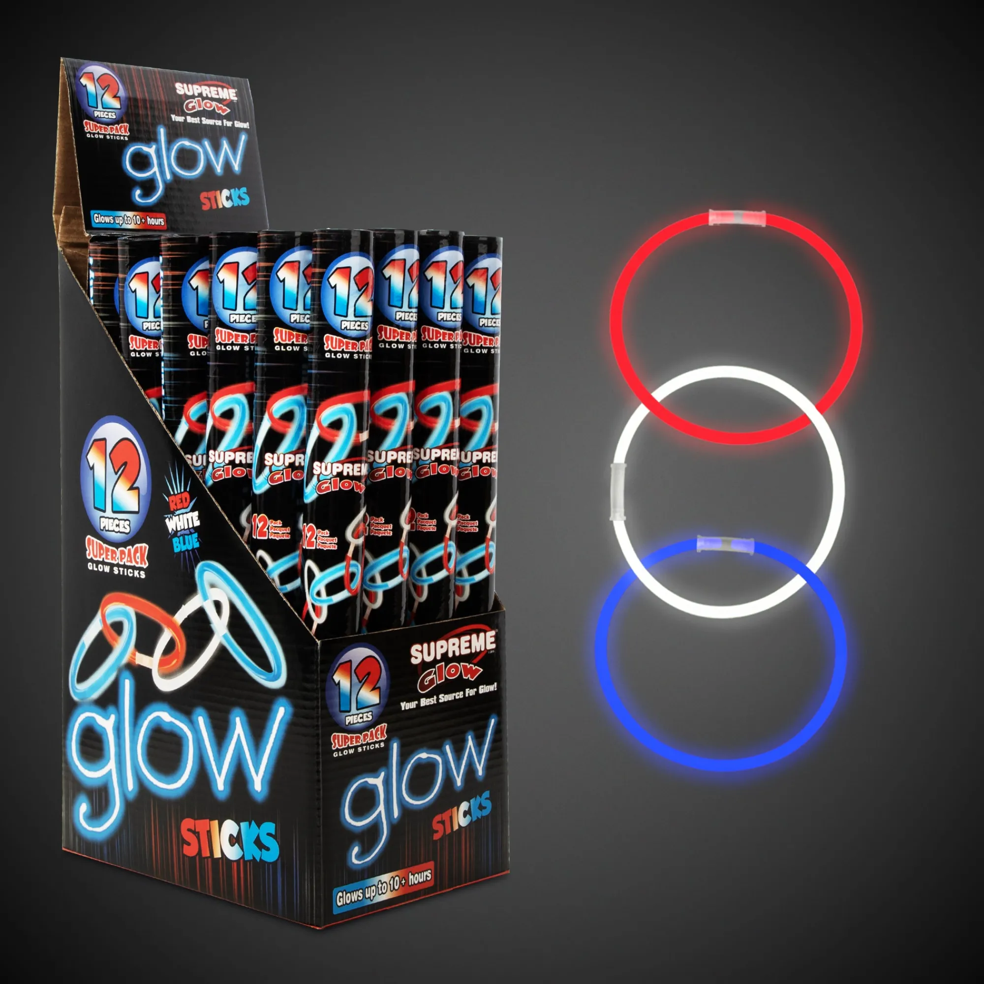 Windy City Novelties Red, White, and Blue Glow Bracelets Retail Counter Display