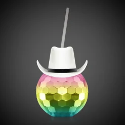Best Windy City Novelties White Cowboy Hat Rainbow Disco Ball Cup with Straw
