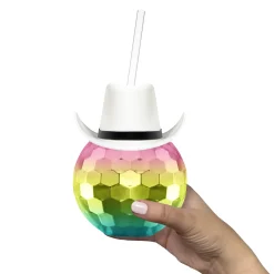 Best Windy City Novelties White Cowboy Hat Rainbow Disco Ball Cup with Straw