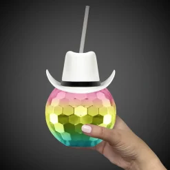 Best Windy City Novelties White Cowboy Hat Rainbow Disco Ball Cup with Straw
