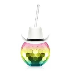 Best Windy City Novelties White Cowboy Hat Rainbow Disco Ball Cup with Straw