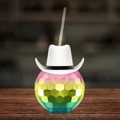 Best Windy City Novelties White Cowboy Hat Rainbow Disco Ball Cup with Straw