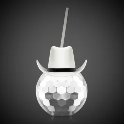 Discount Windy City Novelties White Cowboy Hat Silver Disco Ball Cup with Straw