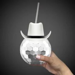 Discount Windy City Novelties White Cowboy Hat Silver Disco Ball Cup with Straw