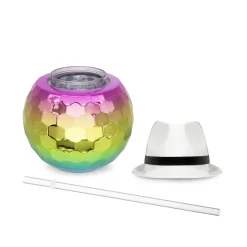 Clearance Windy City Novelties White Fedora Hat Rainbow Disco Ball Cup with Straw