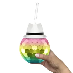 Clearance Windy City Novelties White Fedora Hat Rainbow Disco Ball Cup with Straw