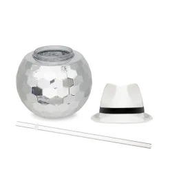 Sale Windy City Novelties White Fedora Hat Silver Disco Ball Cup with Straw